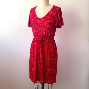 LOFT red geometric pattern knit V-neck dress with flutter sleeves size M